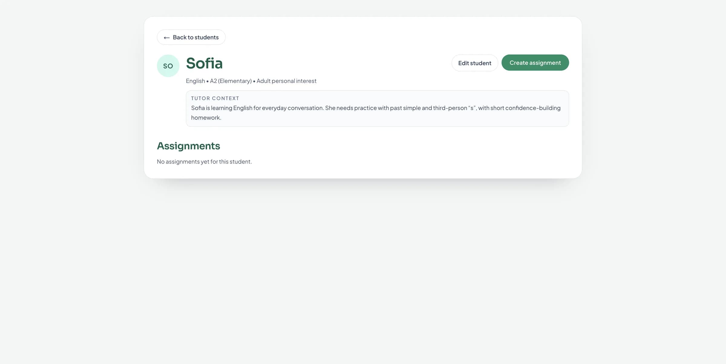 Sofia student profile with English level and tutor context.