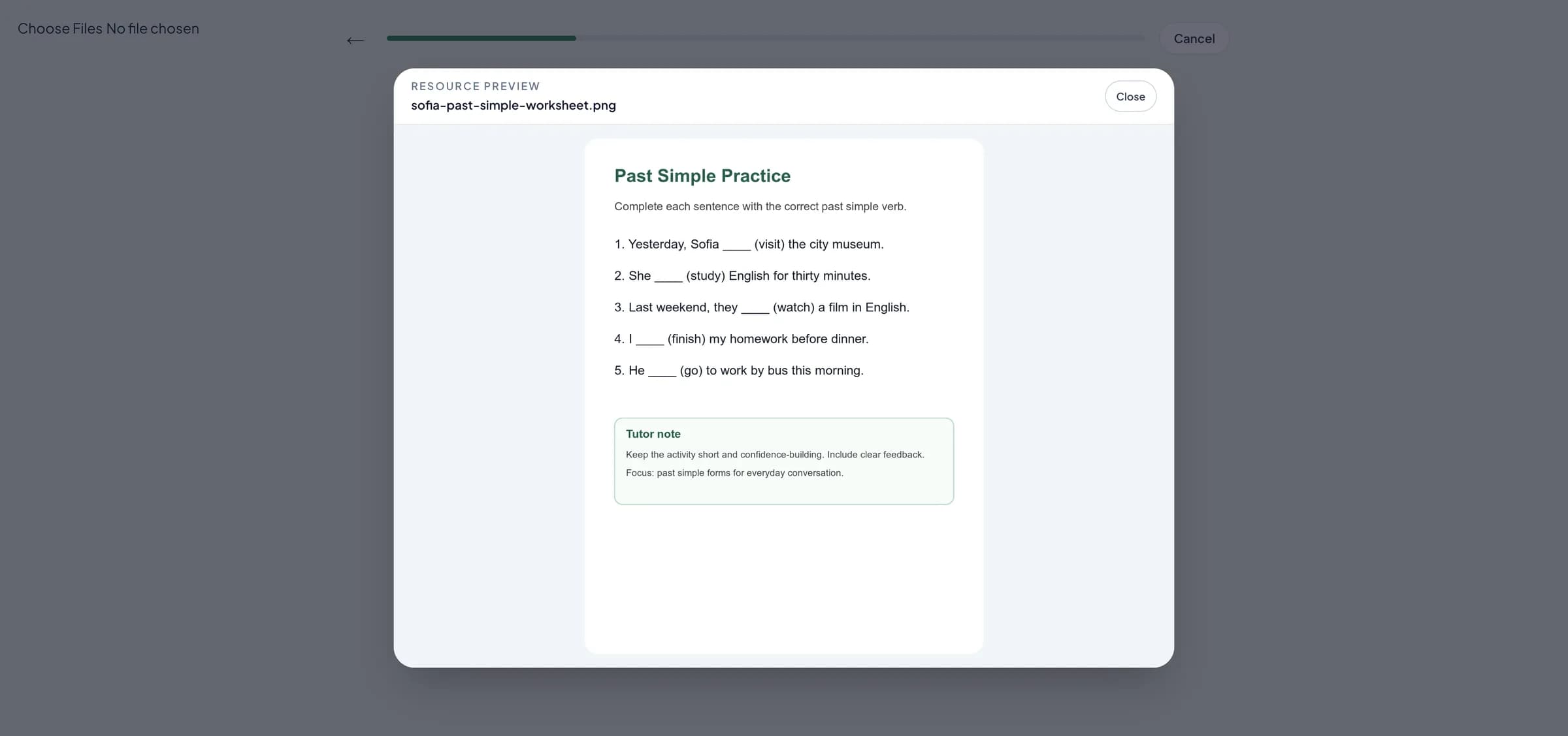 Bavel source material preview showing a worksheet attached to an assignment.