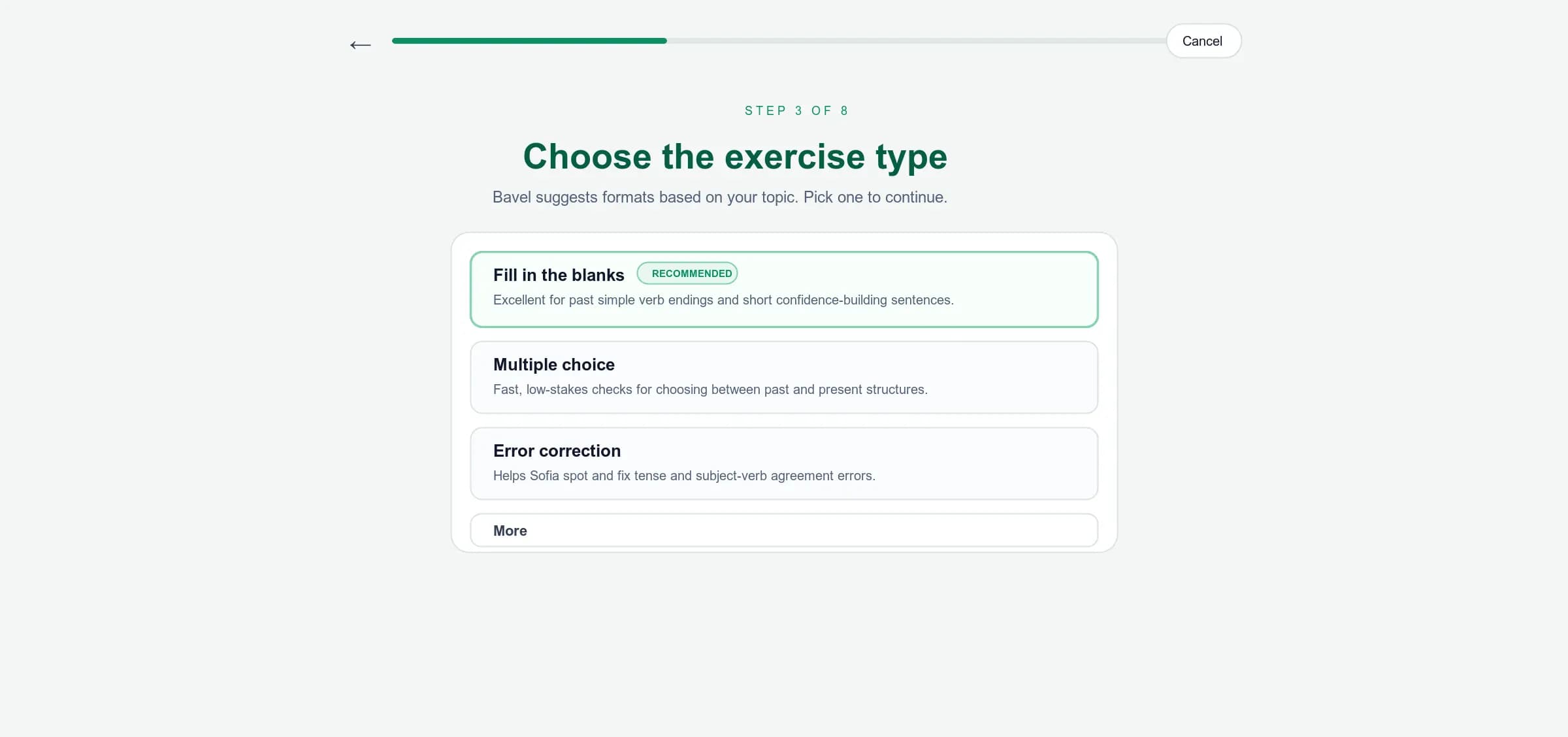 Bavel recommending fill in the blanks, multiple choice, and error correction exercise types.