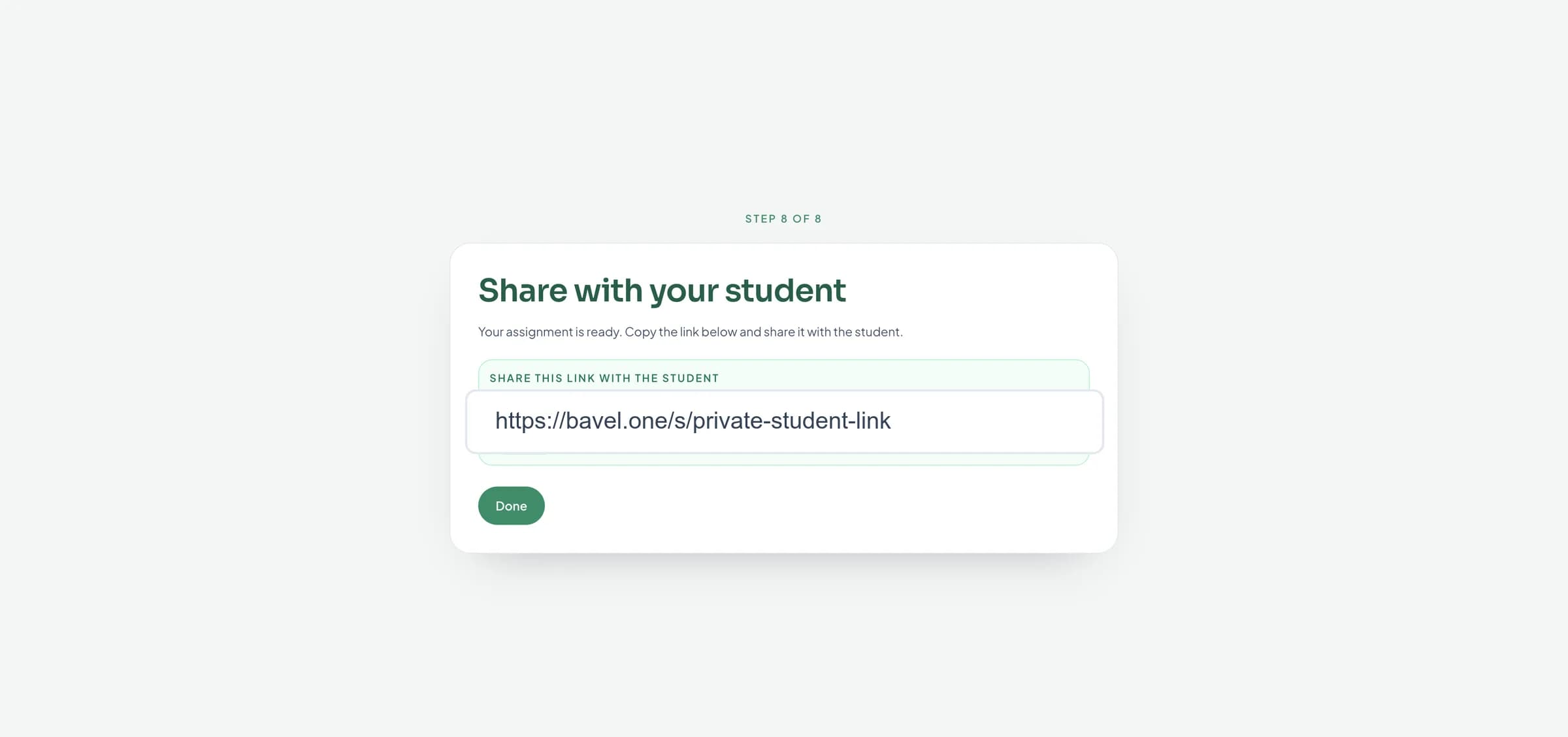 Assigned exercise screen with a private Bavel student share link and copy action.
