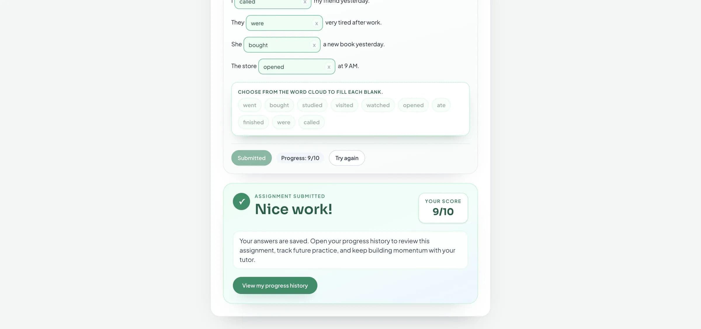 Submitted student assignment showing a 9 out of 10 score and expected answer feedback.