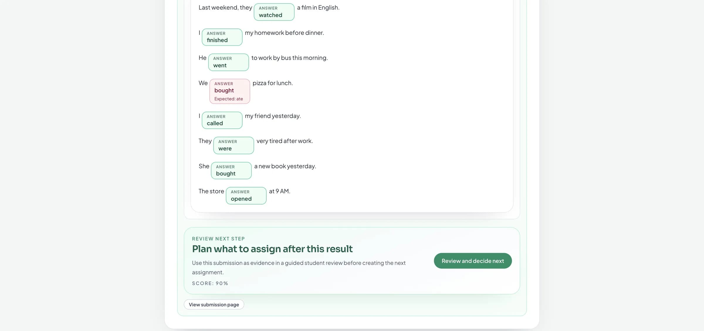 Tutor results page showing Sofia's missed answer and next-step review action.